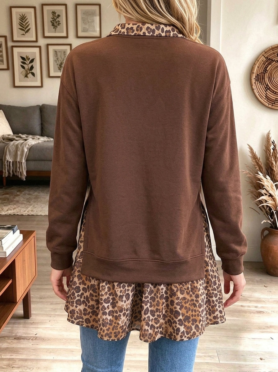 Women's Colorblock Pullover Sweatshirt with Leopard Print Collar & Hem Fake Two-Piece