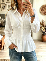 Women's Collared Long Sleeve Shirt, Smocked Waist Peplum Button Down Blouse