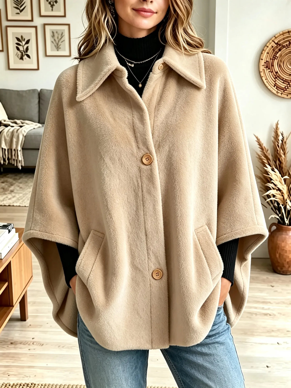 Women's Spread Collar Button-Front Fleece Cape Coat