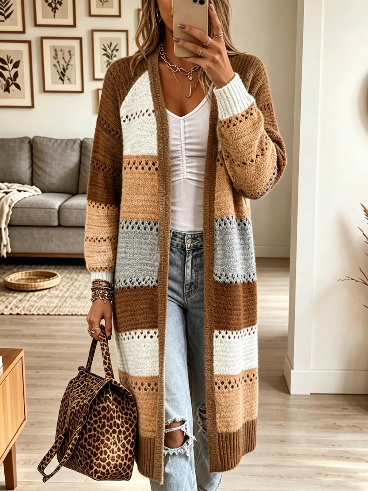 Women's Striped Open-Knit Longline Duster Cardigan