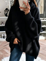 Women Oversized Turtleneck Ribbed Knit Slit Hem Sweater