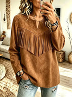 Retro Western Fringe Patchwork Art Casual Stylish Long Sleeve Suede Top
