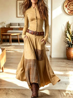 Vintage Plaid Patchwork Art Casual Stylish Long Sleeve Long Dress
