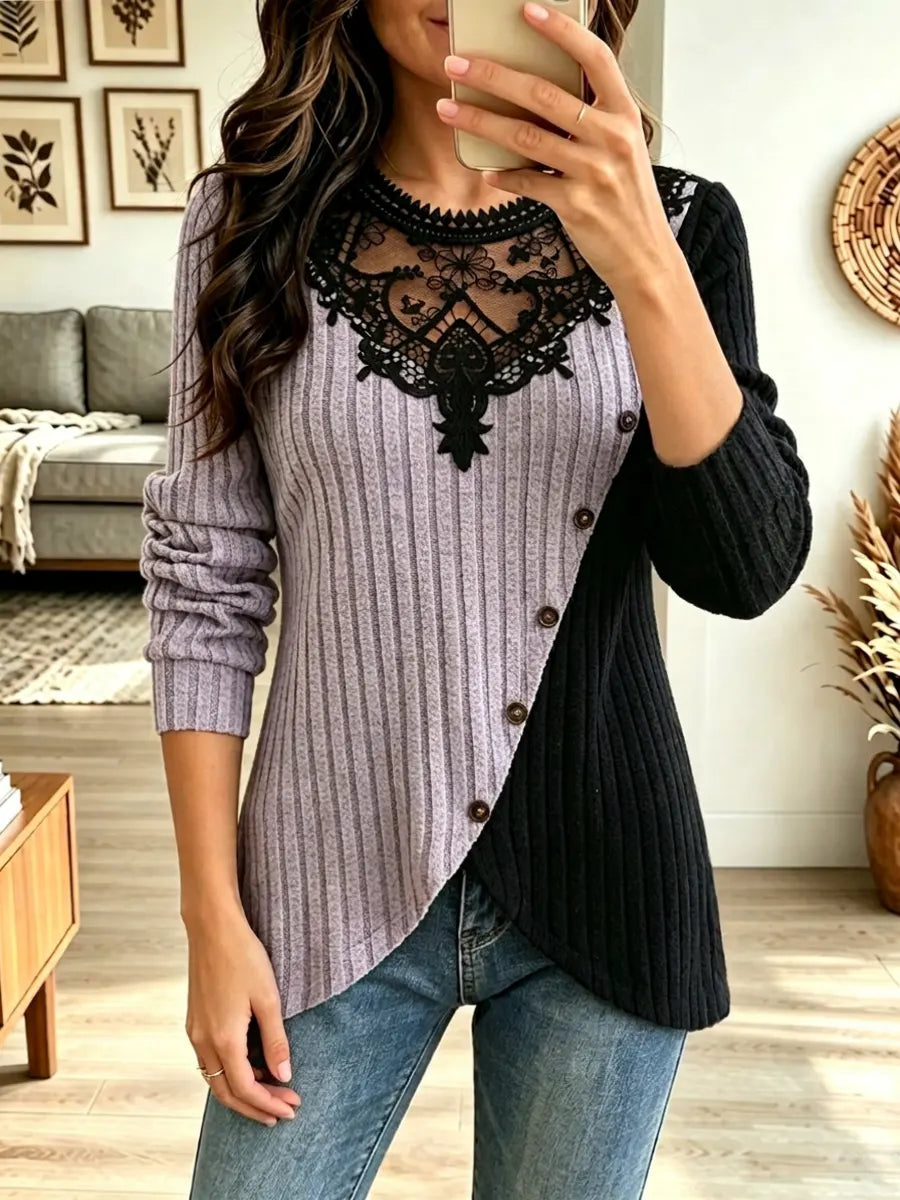 Elegant Floral Lace Patchwork Knit Art Casual Stylish Long Sleeve Top
