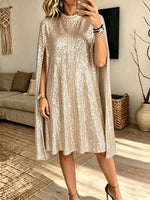 Women Silver Sequin Cape Sleeve Midi Dress Mock Neck Loose Evening Party Gown