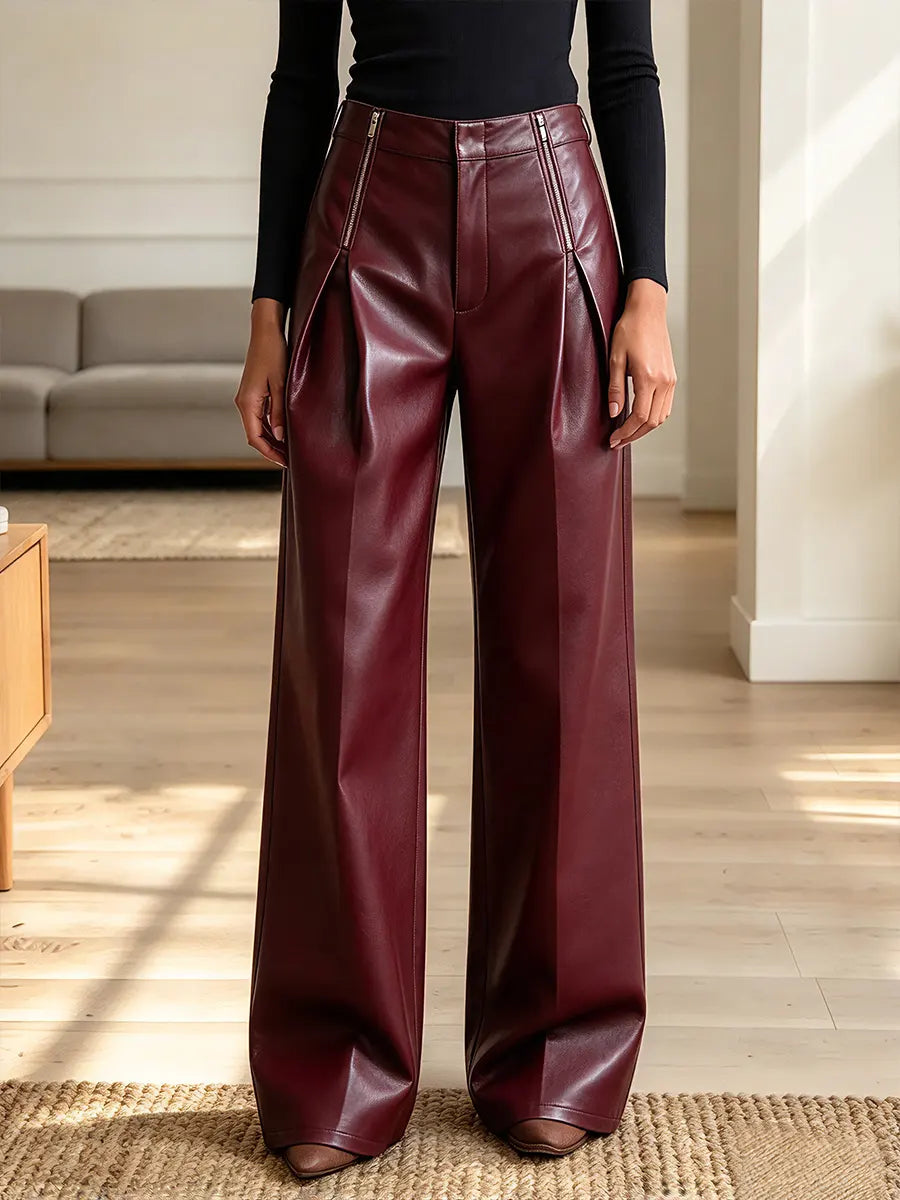Vintage Elegant Pu Leather Zipper Pants