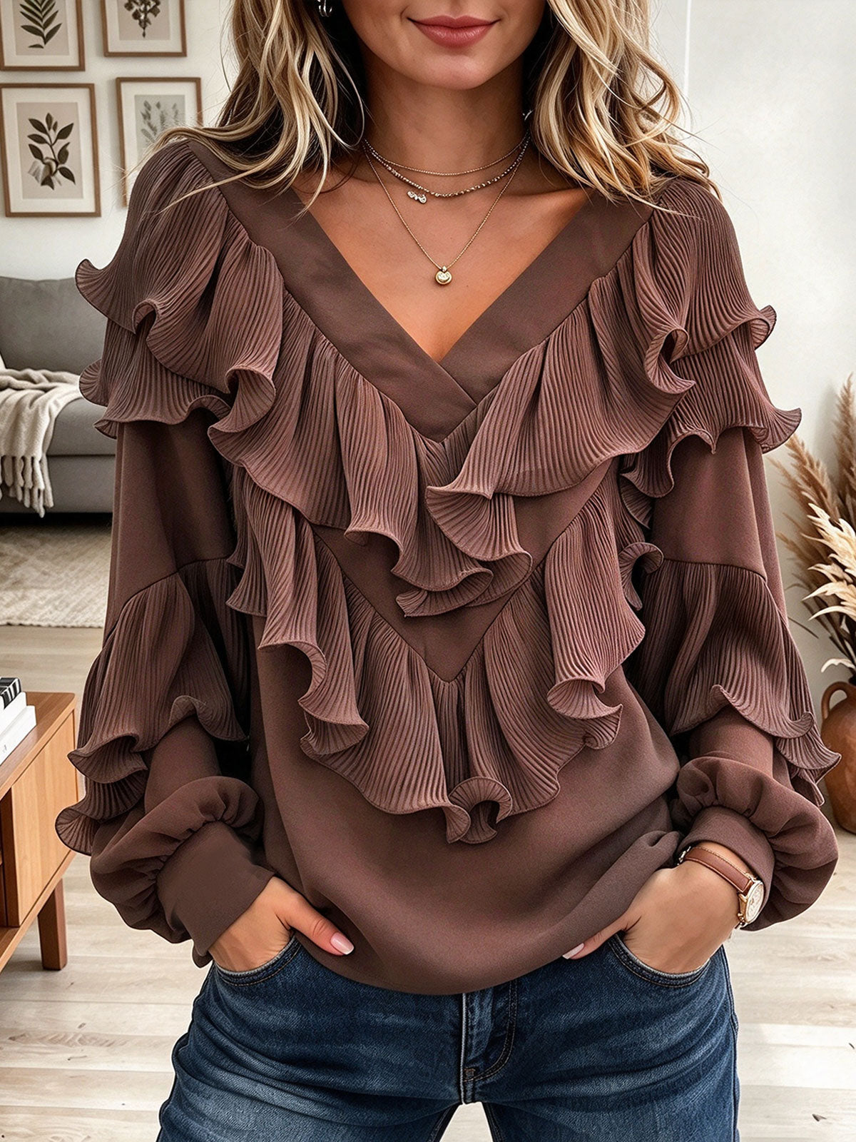 Women's Brown V-Neck Long Sleeve Top with Layered Pleated Ruffles