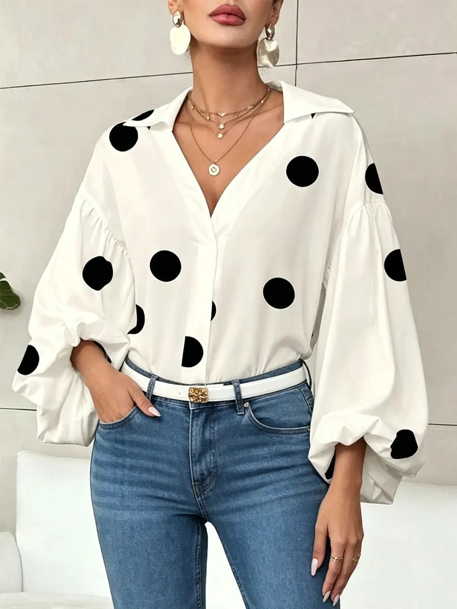 Retro Polka Dot Elegant Balloon Sleeves Art Casual Stylish Lapel Cotton Shirt