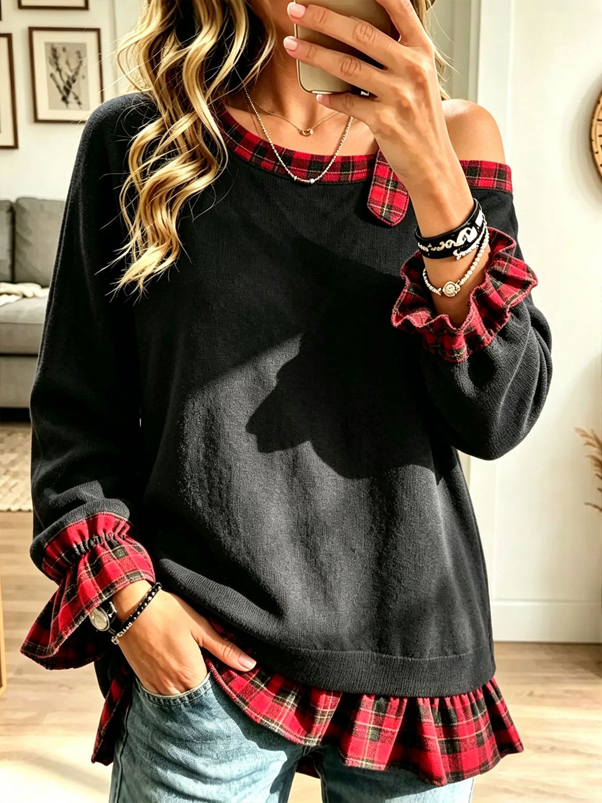 Women's Off Shoulder Plaid Patchwork Knit Top, Ruched Long Sleeve Casual Blouse