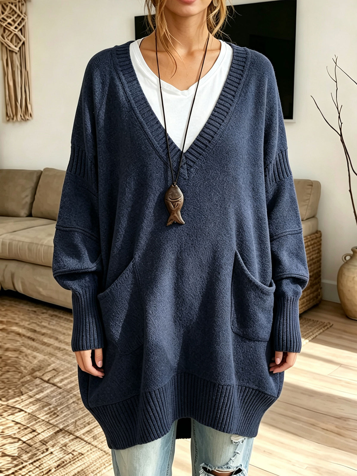 Women Oversized V‑Neck Multi‑Pocket Loose Long Knit Sweater