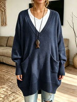 Women Oversized V‑Neck Multi‑Pocket Loose Long Knit Sweater