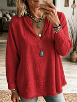 Retro Solid Color Art V Collar Casual Long Sleeve Cotton Linen Shirt