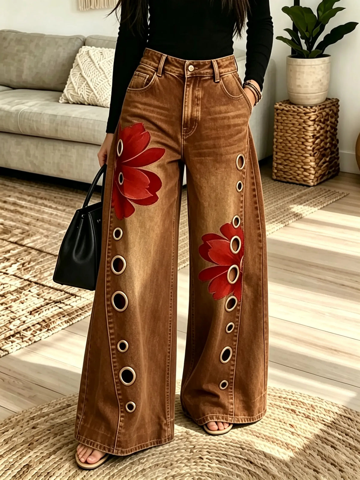 Women's Grommet Floral Patchwork Wide-Leg Jeans
