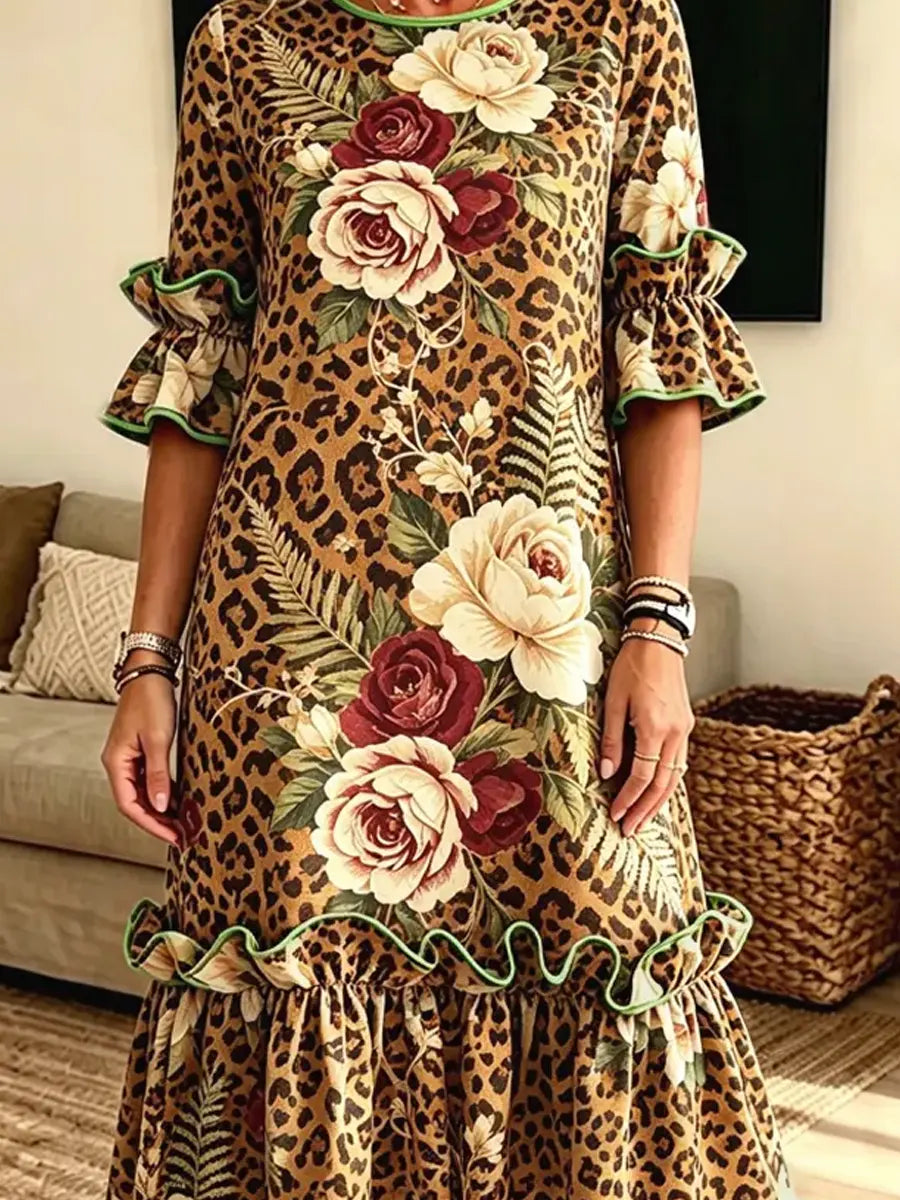 Retro Leopard Floral Pattern Art Print Casual Ruffle Stylish Cotton Linen Dress