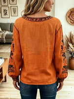 Women Vintage Floral Embroidery Lantern Print Long Sleeve Blouse