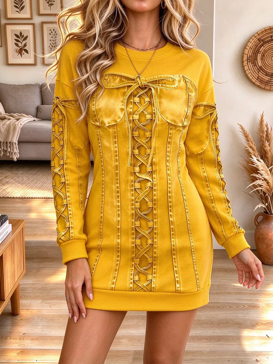 Women's Strappy Cross Tie Print Long-sleeve Sweatshirt Dress