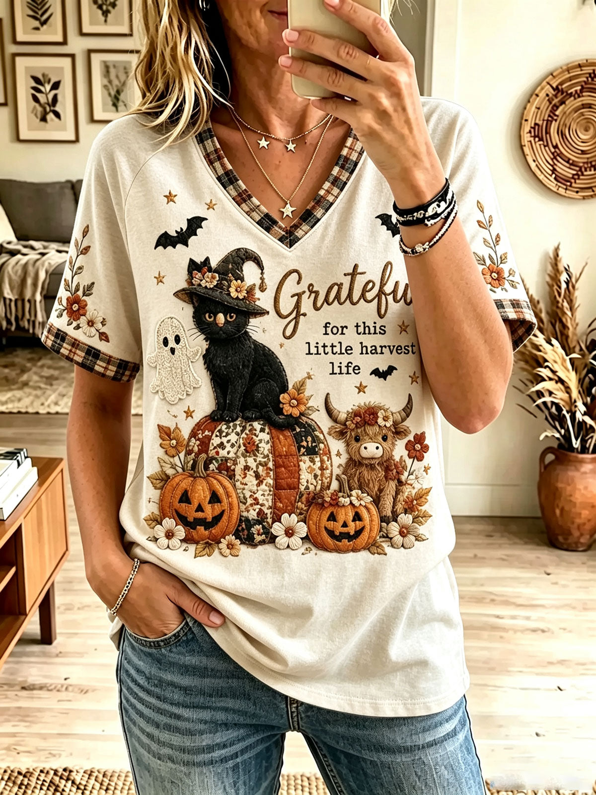 Women Fall Halloween Black Cat Highland Cow Pumpkin Plaid Trim V Neck Tee