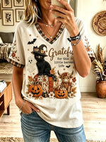 Women Fall Halloween Black Cat Highland Cow Pumpkin Plaid Trim V Neck Tee