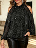 Women Glitter Cold‑Shoulder Ruffle Mock Neck Long Sleeve Party Blouse