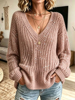 Women V‑Neck Hollow Mesh Sequin Embellished Oversized Long Sleeve Knit Sweater