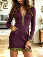 Vintage Zip Lapel Art Ruffle Casual Stylish Long Sleeve Knitted Dress