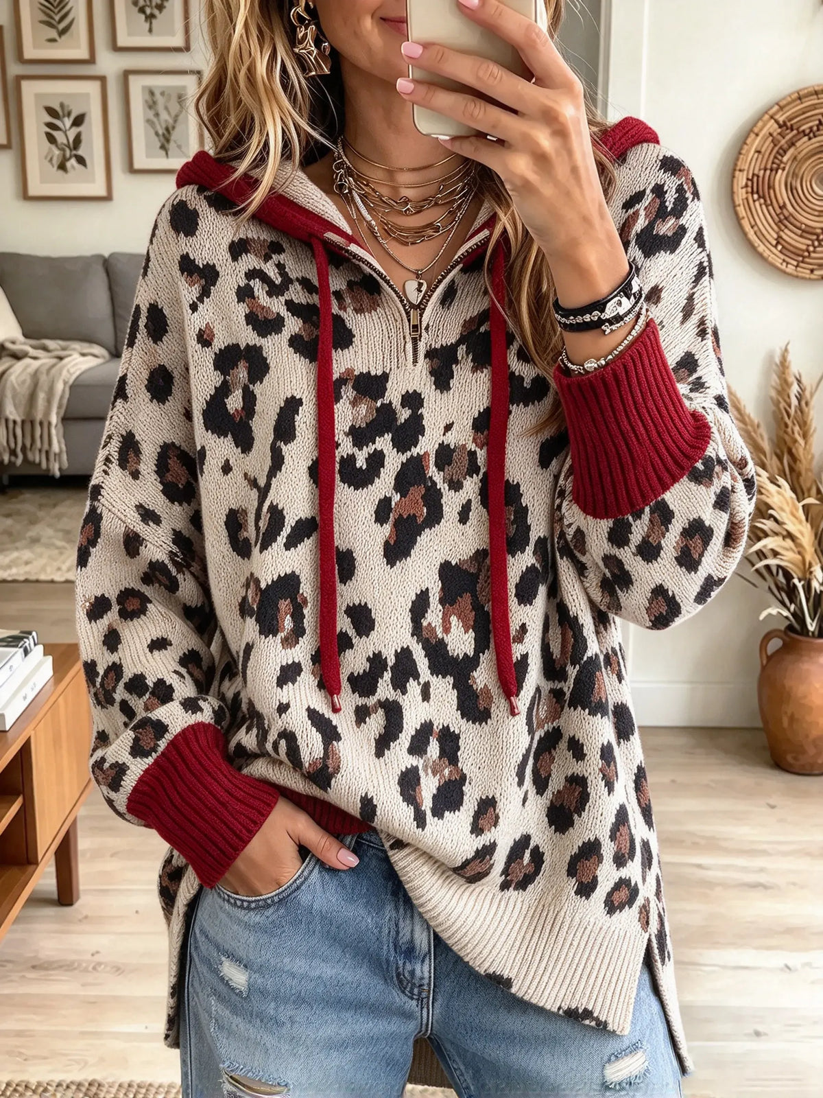 Women's Leopard Half-Zip Contrast Ribbed Hoodie