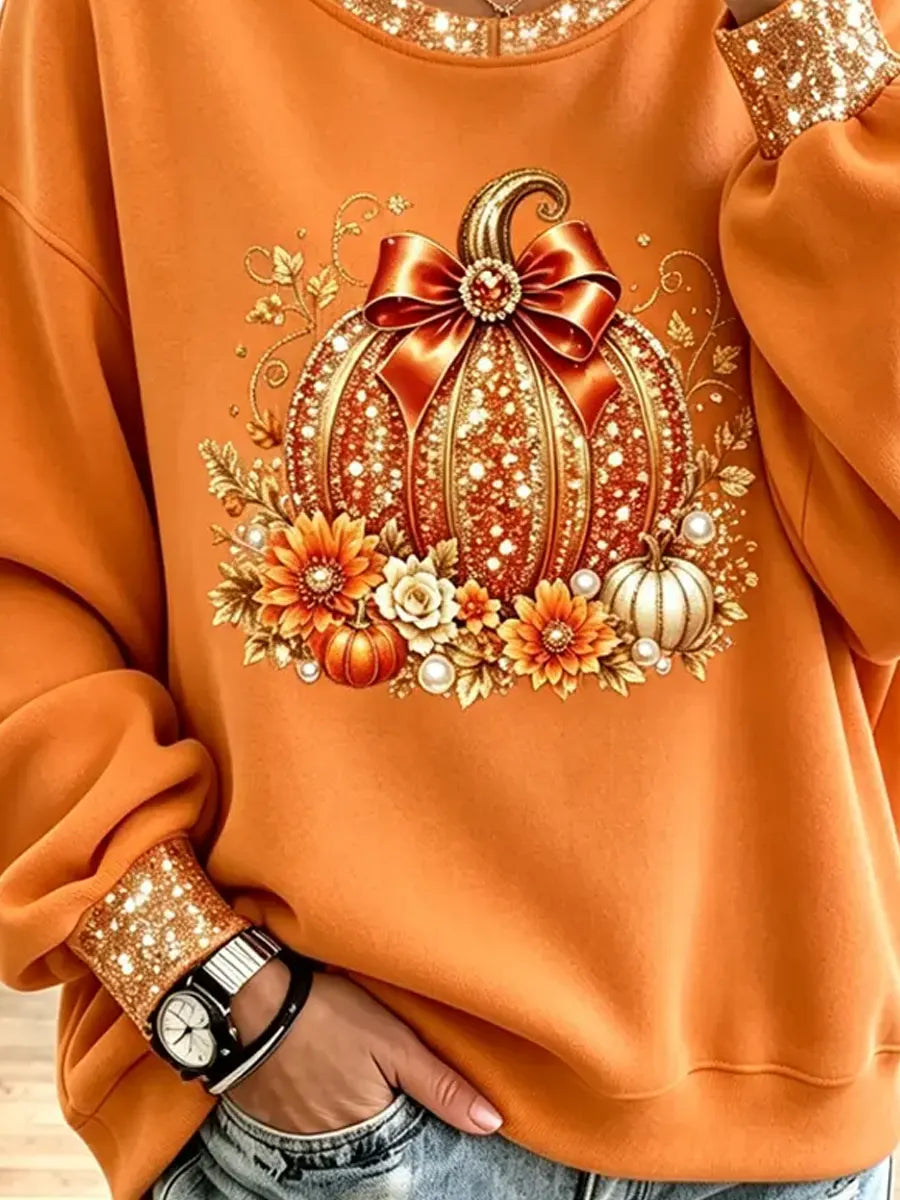 Vintage Pumpkin Pattern Shiny Art Casual Stylish Long Sleeve Sweatshirt