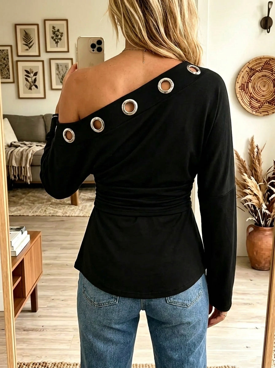 Women's Grommet One-Shoulder Ruched Waist Top