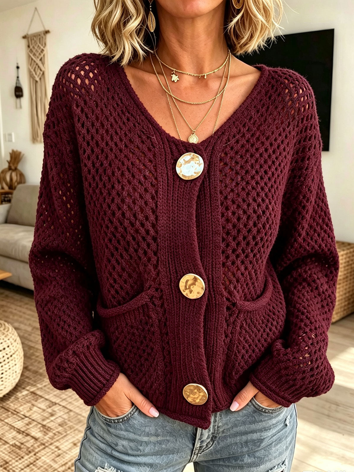 Women V‑Neck Hollow Knit Cardigan With Oversized Decorative Buttons & Pockets