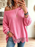 Women Off‑Shoulder Lace Hem Loose Knit Sweate