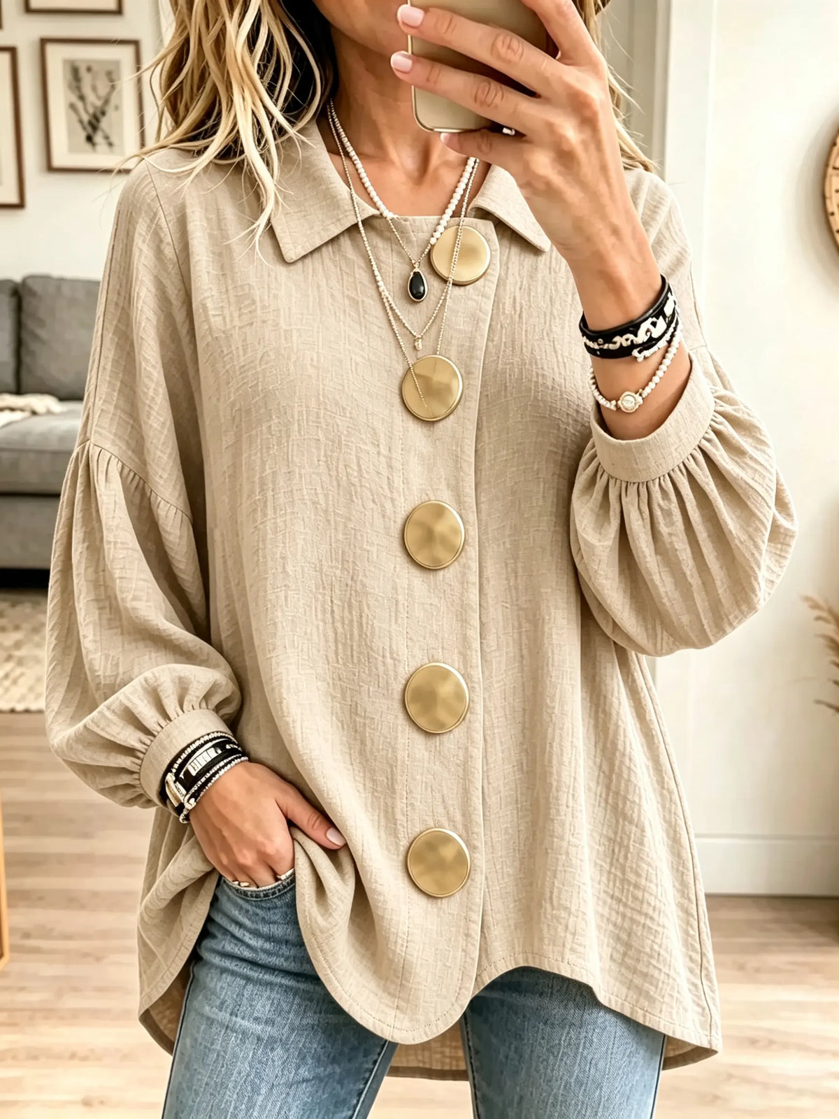 Women's Button Crinkle Tunic Blouse