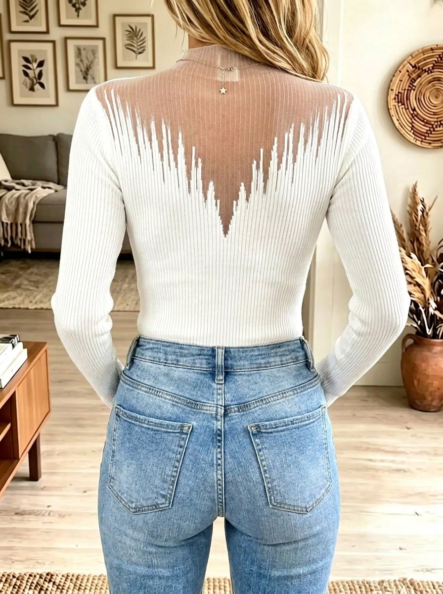 Women's Sheer Mesh Patchwork Mock Neck Ribbed Top