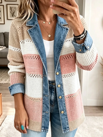 Women's Denim Lapel Striped Open-Knit Cardigan