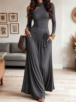 Women Turtleneck Cutout Long Sleeve Maxi Dress, Asymmetric Cold Shoulder Flowy Long Dress