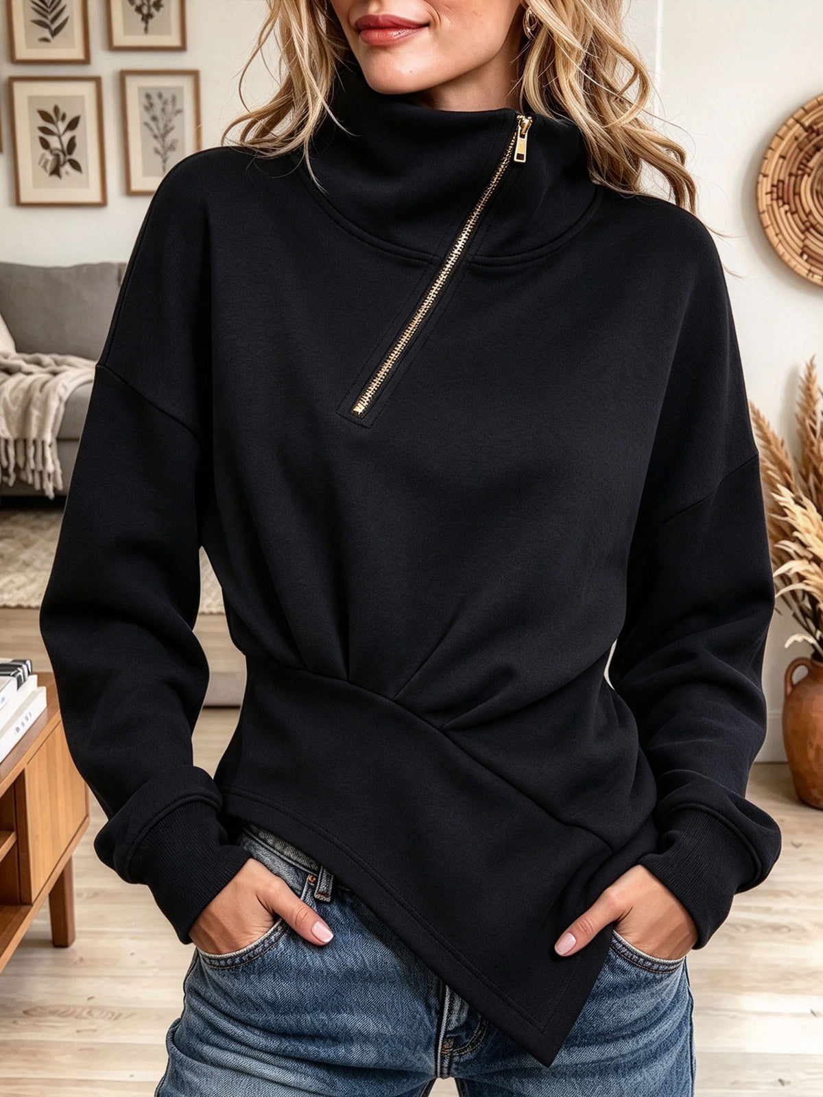 Women's Asymmetric Zip Up Cowl Neck Sweatshirt Waist Cinched Casual Pullover Top