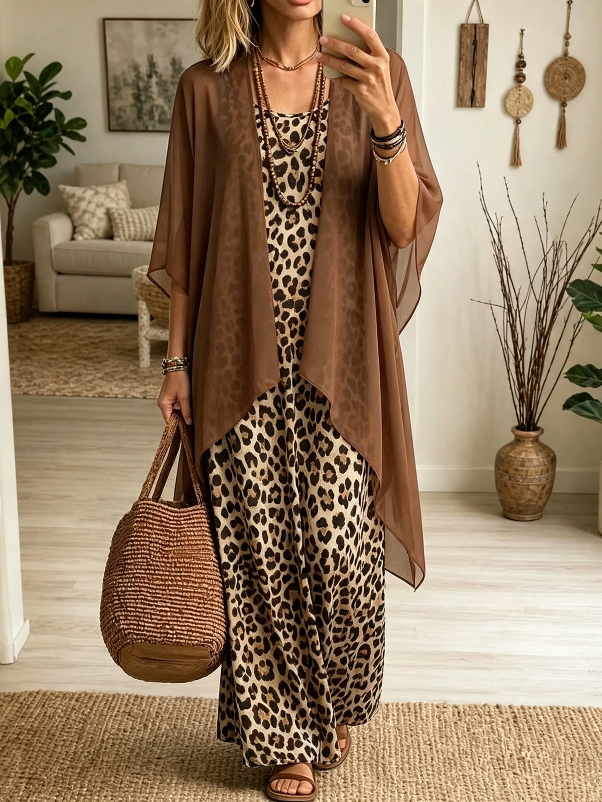 Women's Leopard Maxi Dress and Cardigan Set