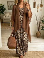 Women's Leopard Maxi Dress and Cardigan Set