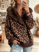 Women's Leopard Faux Fur Collar Zip-Up Fleece Jacket