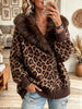 Women's Leopard Faux Fur Collar Zip-Up Fleece Jacket