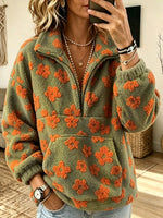 Women Floral Print Half‑Zip Fleece Pullover Sweatshirt With Kangaroo Pocket