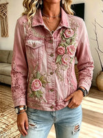 Retro Chic Floral Art Casual Stylish Lapel Long Sleeve Denim Coat
