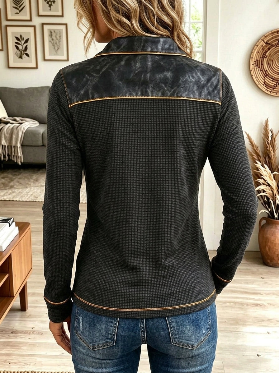 Women Western Faux Leather Lace Up Waffle Knit Long Sleeve Top
