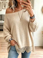 Women Off‑Shoulder Lace Hem Loose Knit Sweate