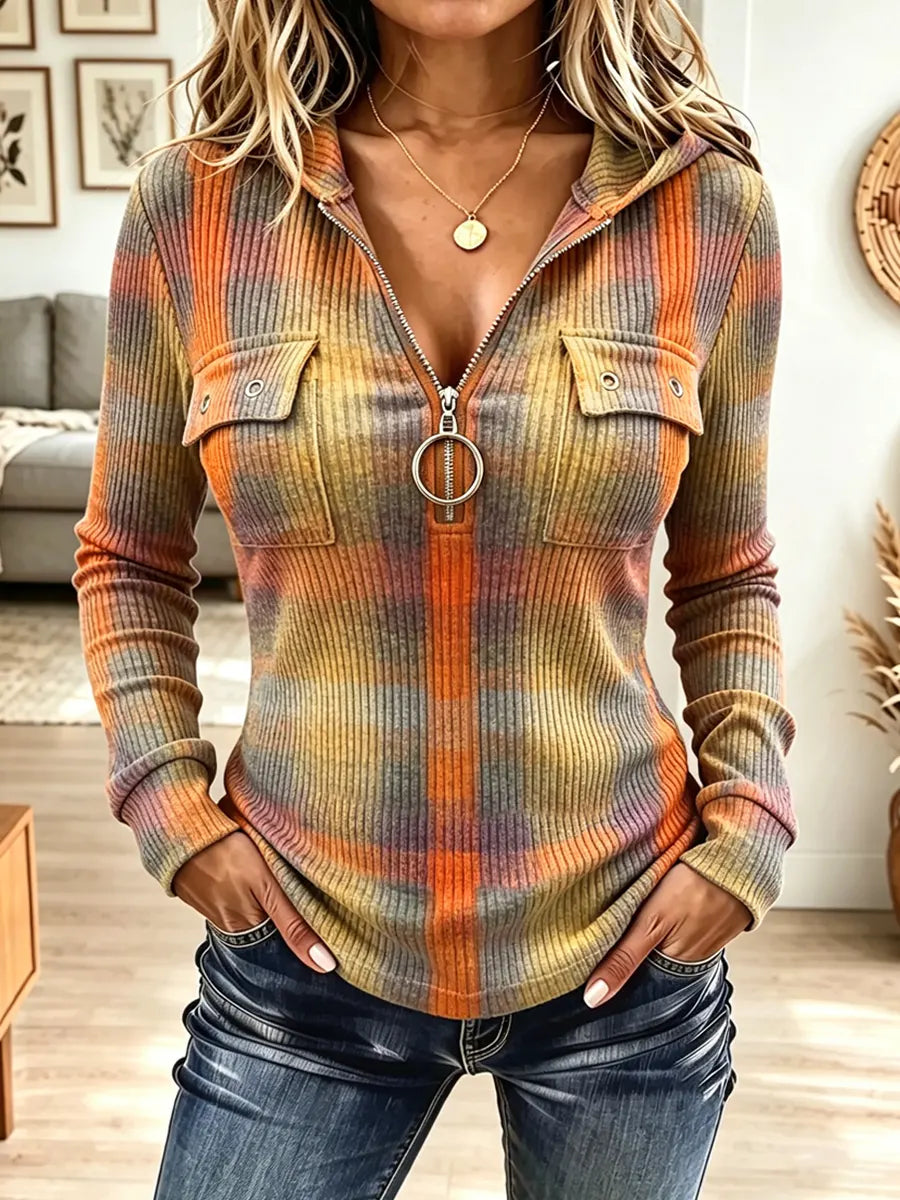Vintage Plaid Pattern Zip Art Casual Stylish Hooded Long Sleeve Top