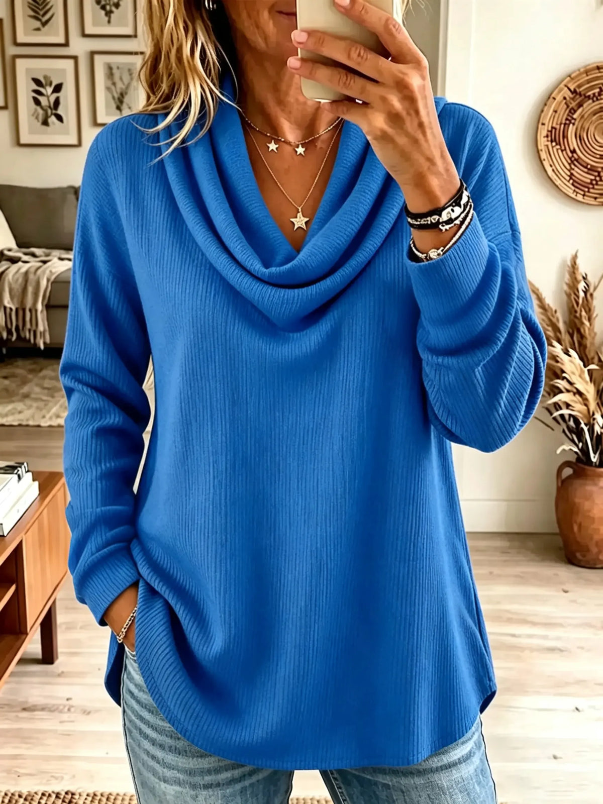 Women's Draped Cowl Neck Ribbed Knit Top