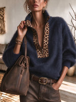Women's Long Sleeve Stand Collar Leopard Print Oversized Sweater