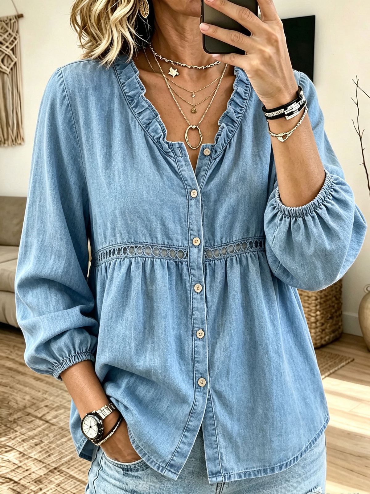 Women Ruffle V‑Neck Eyelet Lace Denim Peplum Blouse