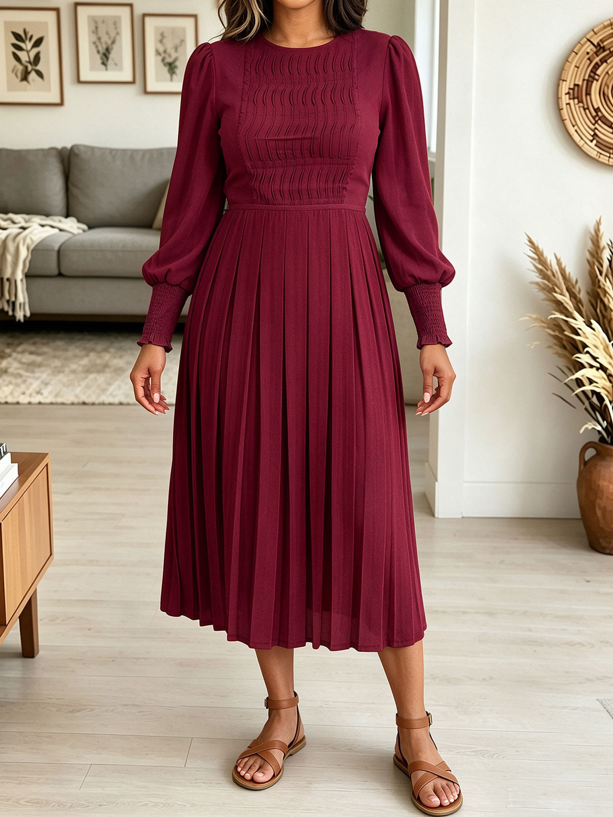 Women's Chiffon Pleated Midi Dress, Puff Sleeve Smocked Cuff Casual A-Line Dress