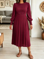 Women's Chiffon Pleated Midi Dress, Puff Sleeve Smocked Cuff Casual A-Line Dress