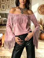 Women's Off-the-Shoulder Fringe Bell Sleeve Suede Top